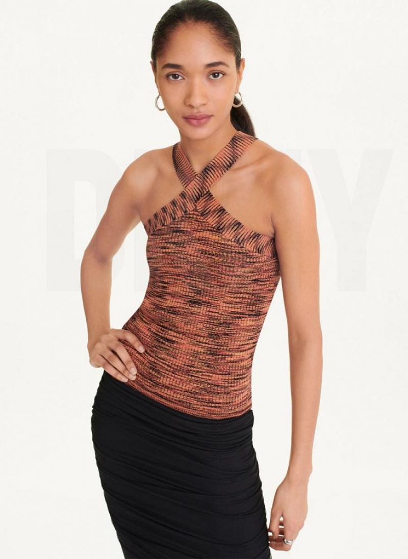 Black / Red DKNY Crossover Space Dye Sweater Women\'s Tank Tops | USA-D1447
