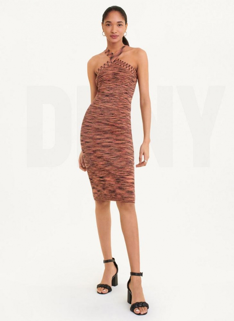 Black / Red DKNY Crossover Space Dye Sweater Women's Dresses | USA-D0154