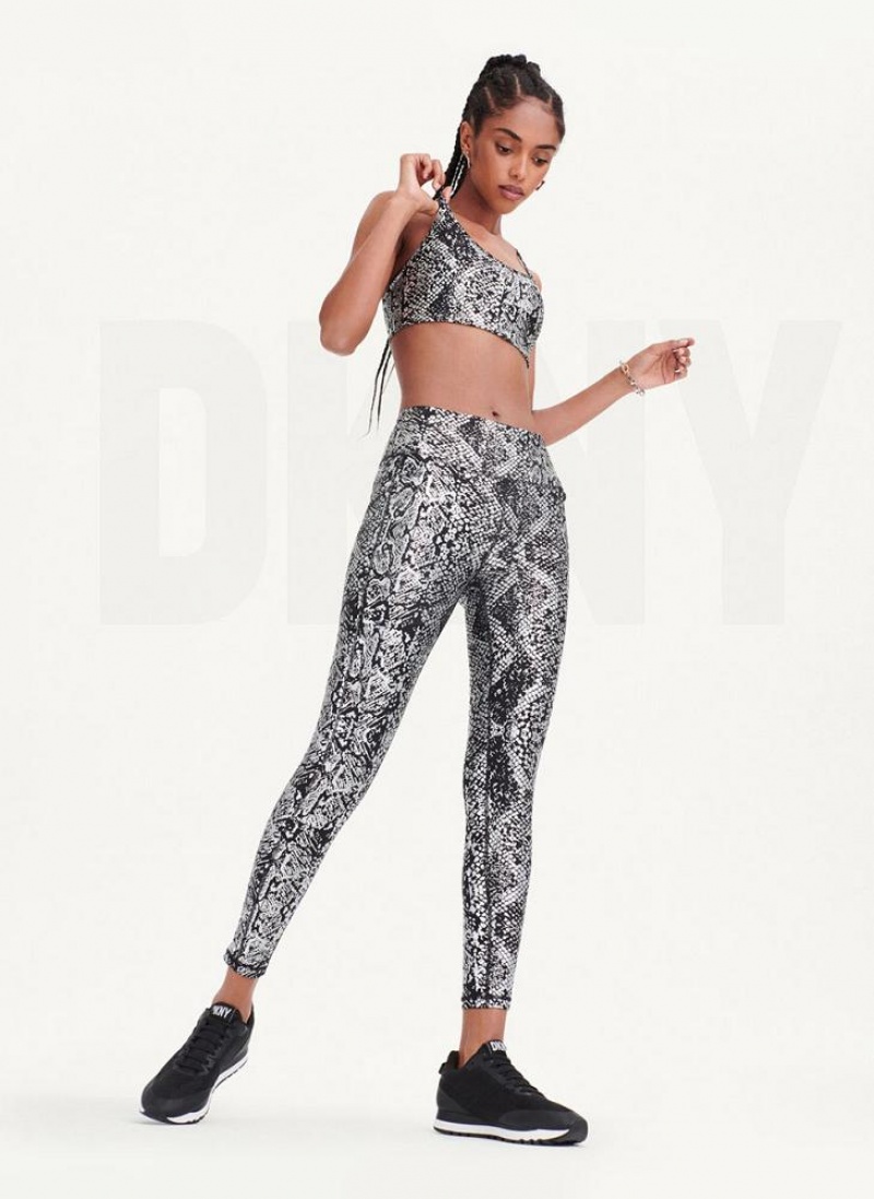 Black / Silver DKNY High Waist Metallic Snake Print Women's Leggings | USA-D1453