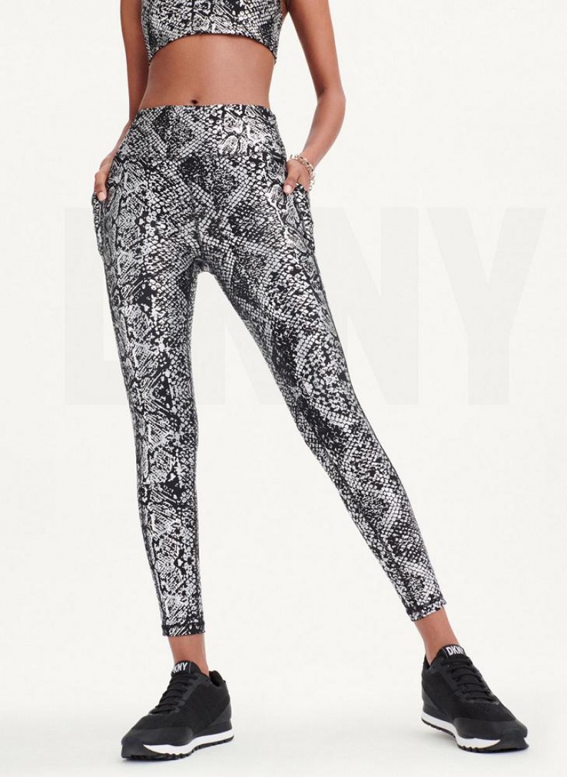 Black / Silver DKNY High Waist Metallic Snake Print Women's Leggings | USA-D1453