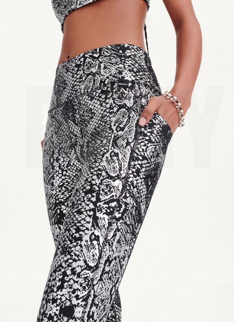 Black / Silver DKNY High Waist Metallic Snake Print Women's Leggings | USA-D1453