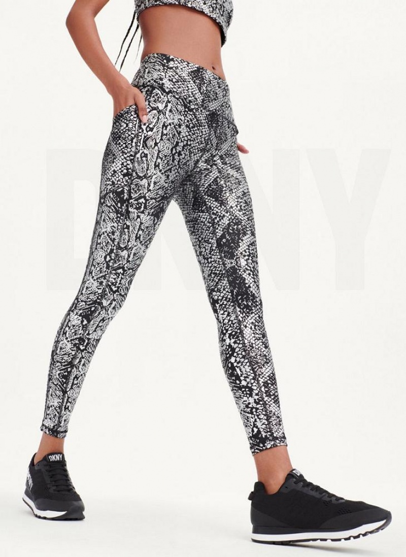 Black / Silver DKNY High Waist Metallic Snake Print Women\'s Leggings | USA-D1453