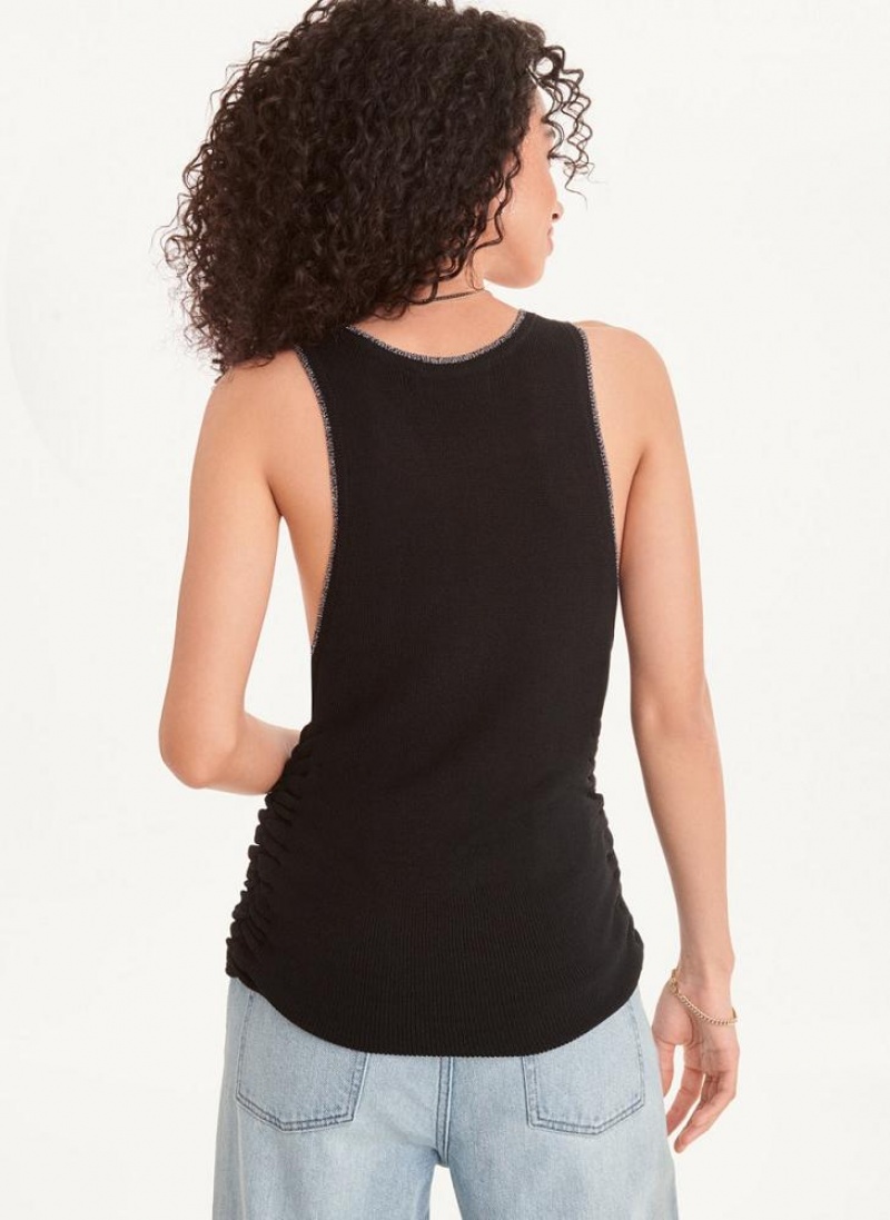 Black / Silver DKNY Sleevless Lurex Trim Ruched Women's Sweaters | USA-D0439