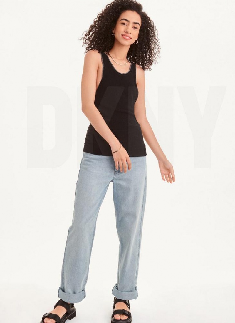 Black / Silver DKNY Sleevless Lurex Trim Ruched Women's Sweaters | USA-D0439