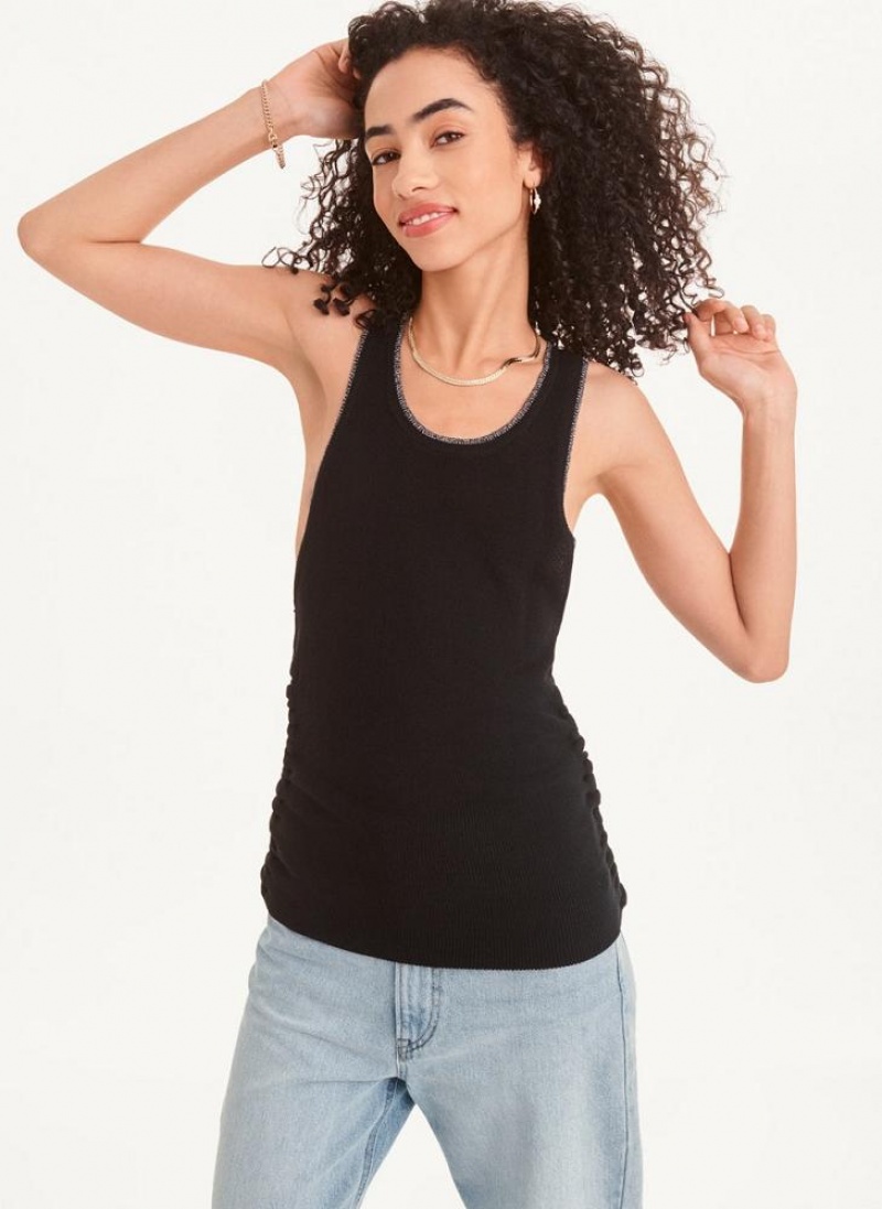 Black / Silver DKNY Sleevless Lurex Trim Ruched Women\'s Sweaters | USA-D0439