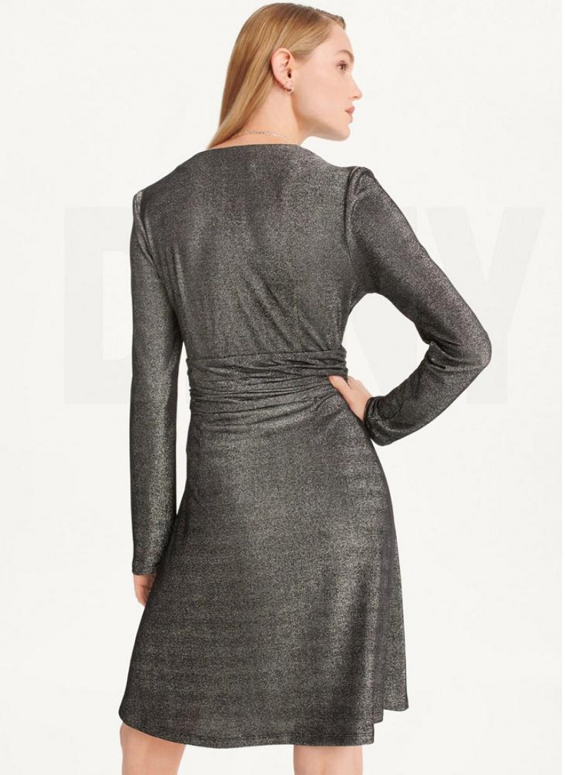 Black / Silver DKNY Sparkle Knit Wrap Women's Dresses | USA-D0973