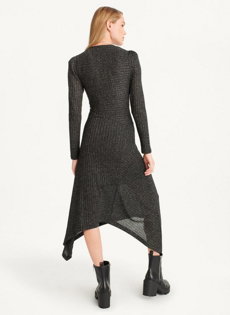 Black / Silver DKNY Sparkle Ribbed Midi Women's Dresses | USA-D1757