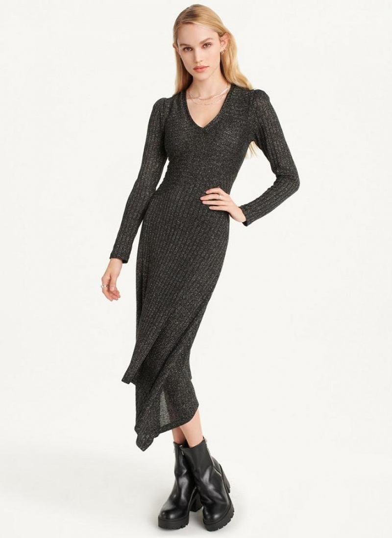Black / Silver DKNY Sparkle Ribbed Midi Women's Dresses | USA-D1757