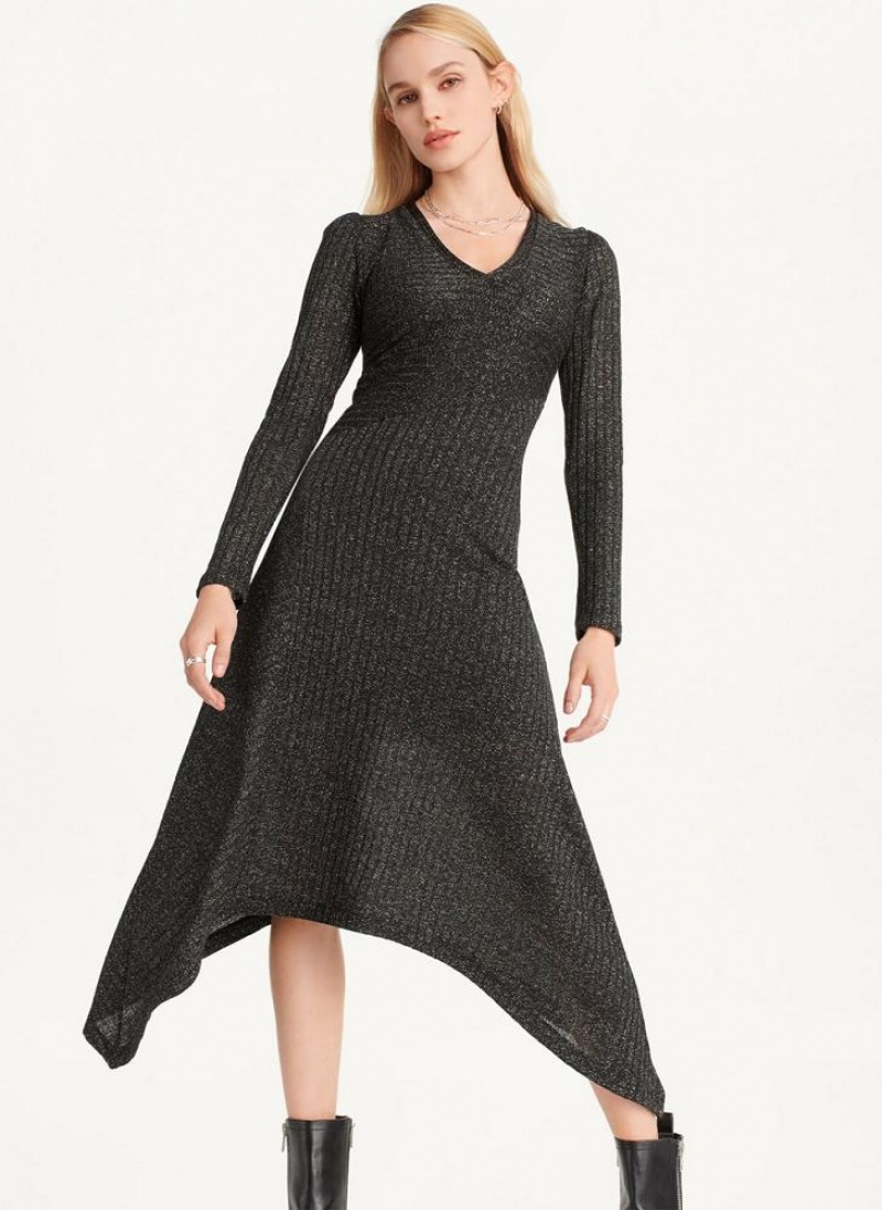 Black / Silver DKNY Sparkle Ribbed Midi Women\'s Dresses | USA-D1757