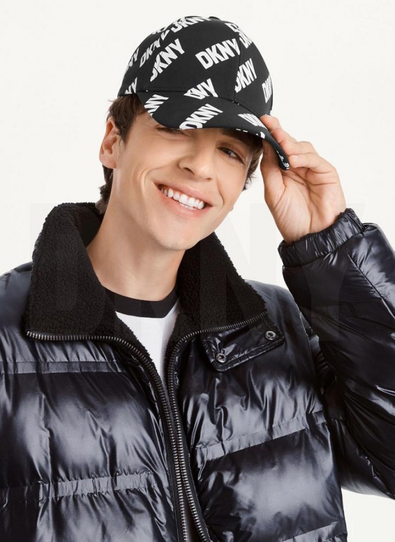 Black / White DKNY All Over Logo Baseball Men's Hats | USA-D1381