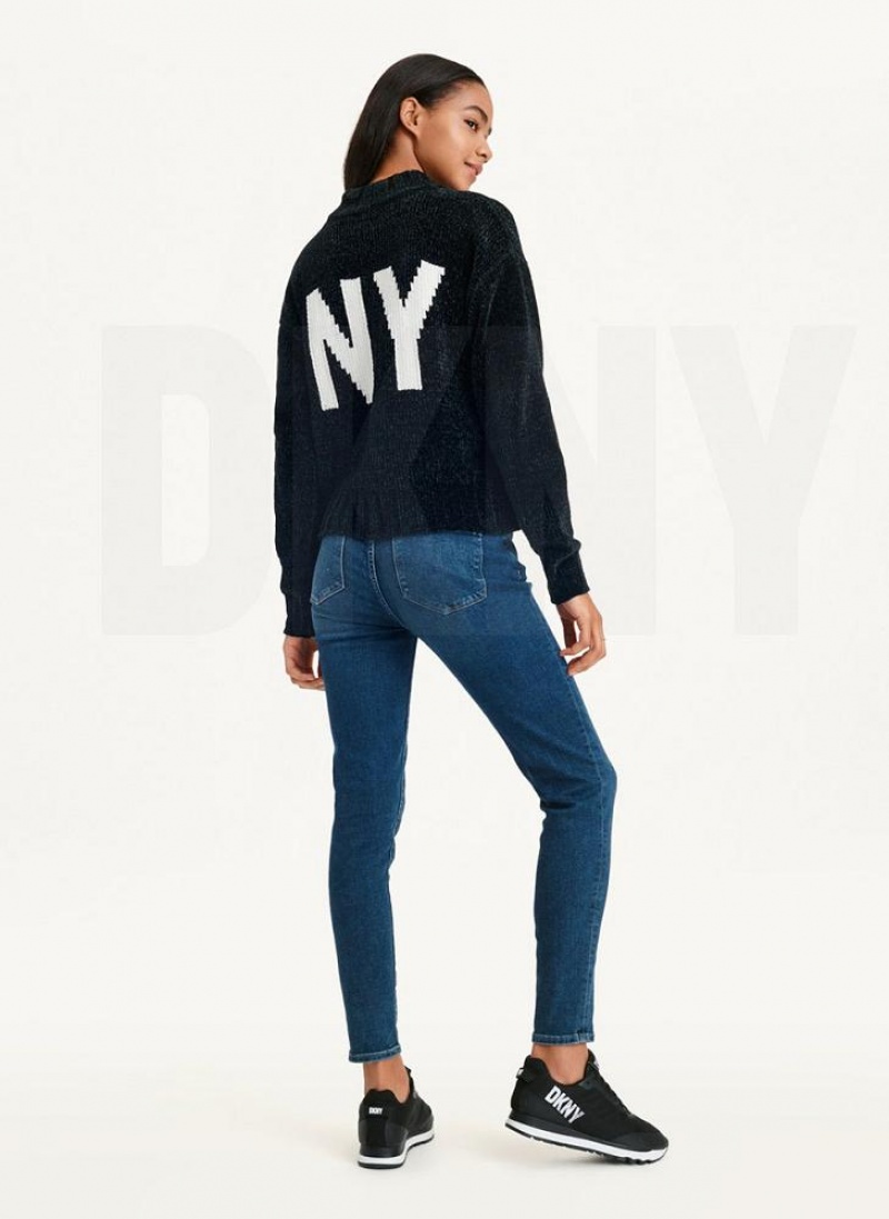 Black / White DKNY Chunky Chenille Logo Women's Sweaters | USA-D0524