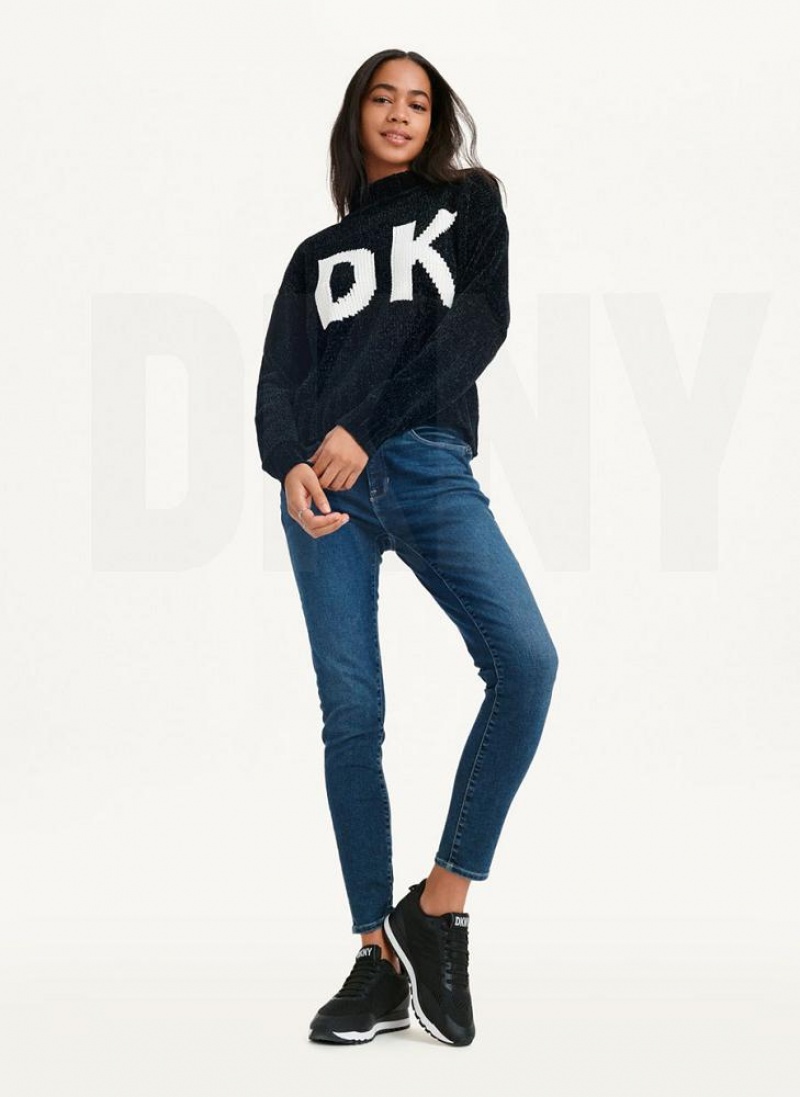 Black / White DKNY Chunky Chenille Logo Women's Sweaters | USA-D0524