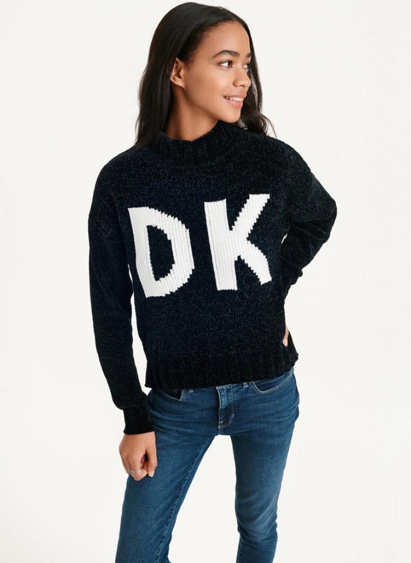 Black / White DKNY Chunky Chenille Logo Women's Sweaters | USA-D0524