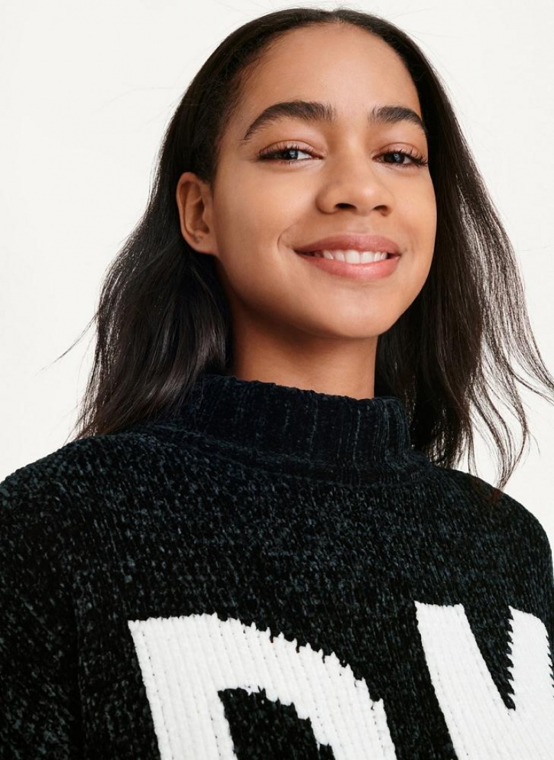 Black / White DKNY Chunky Chenille Logo Women's Sweaters | USA-D0524