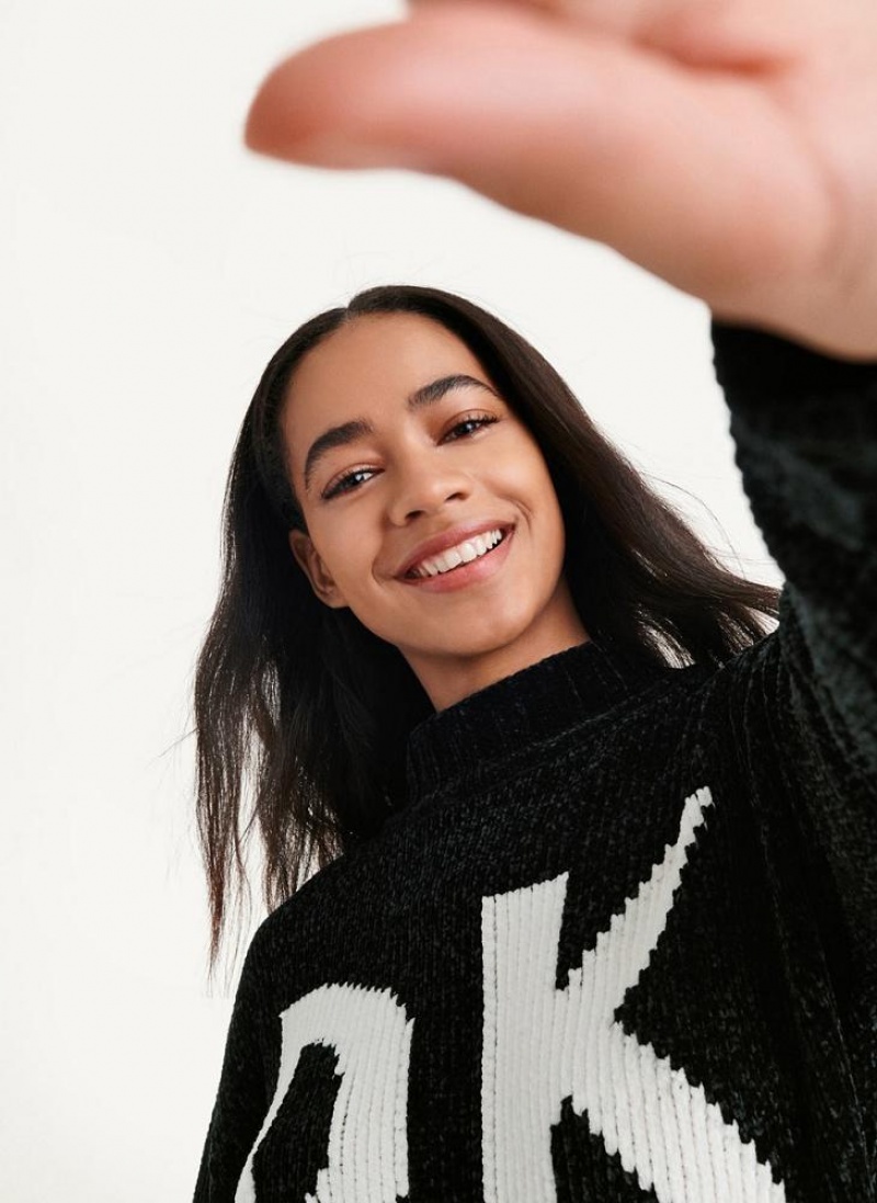 Black / White DKNY Chunky Chenille Logo Women's Sweaters | USA-D0524
