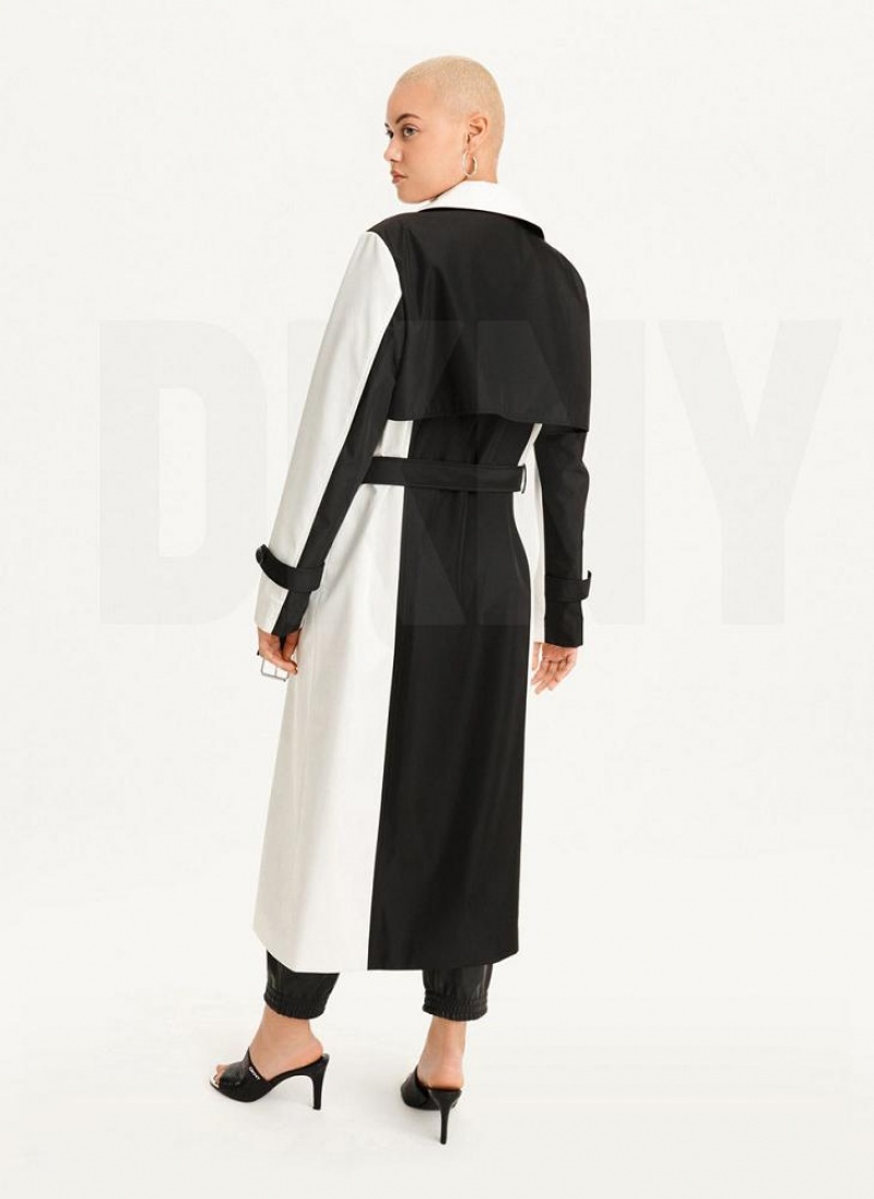 Black / White DKNY Colorblock Crinkle Trench Women's Jackets | USA-D1513