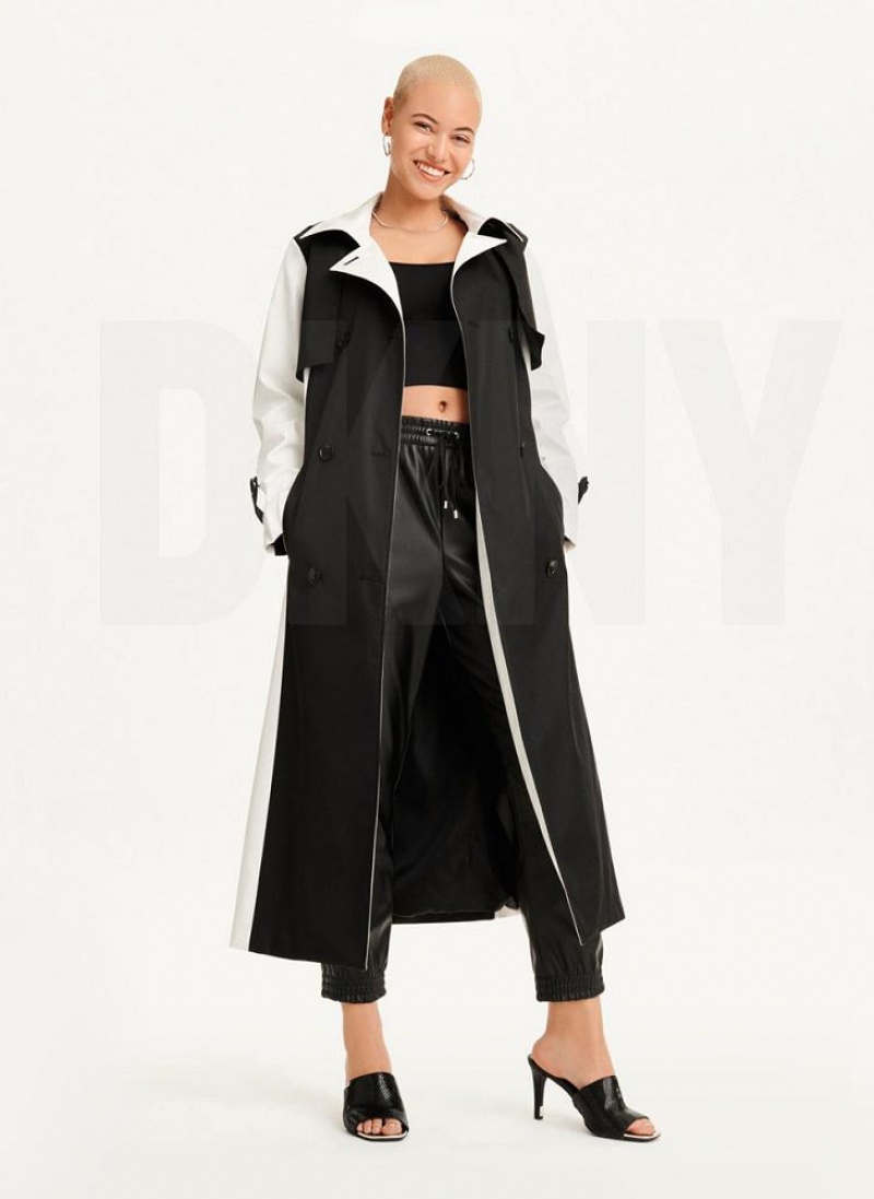 Black / White DKNY Colorblock Crinkle Trench Women's Jackets | USA-D1513