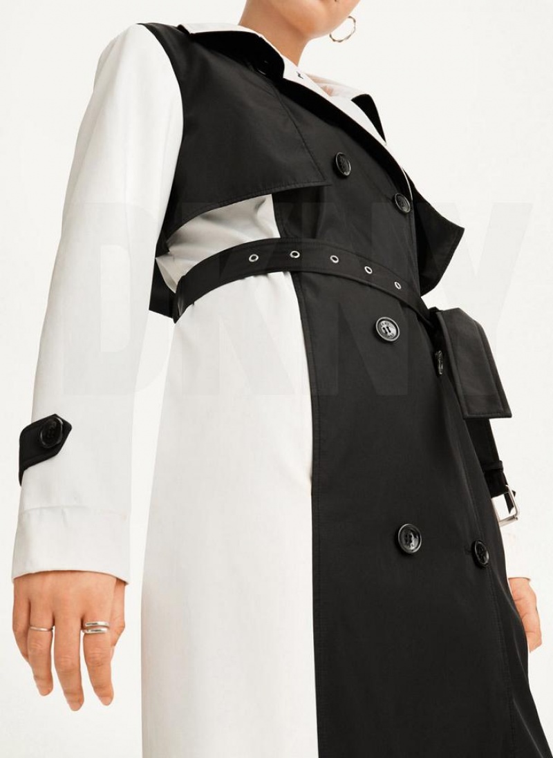 Black / White DKNY Colorblock Crinkle Trench Women's Jackets | USA-D1513