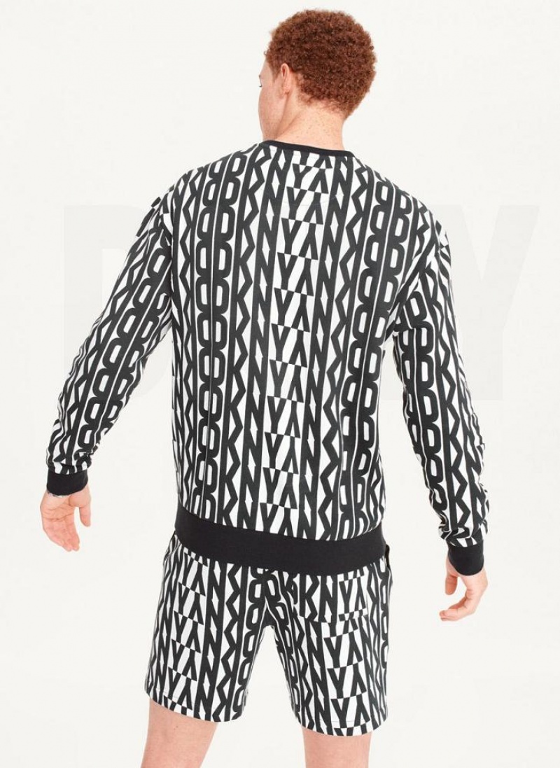 Black / White DKNY Exploded Allover Logo Crew Men's Sweatshirts | USA-D1968