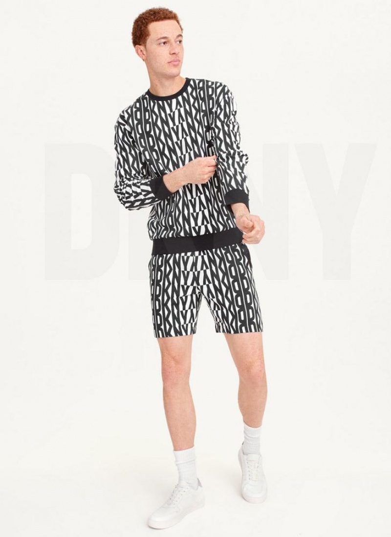 Black / White DKNY Exploded Allover Logo Crew Men's Sweatshirts | USA-D1968