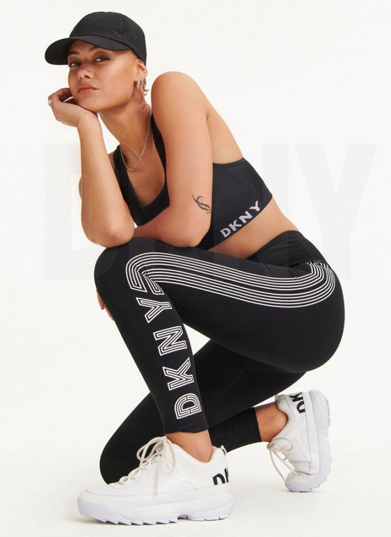 Black / White DKNY High Waist Full Length High Density Logo Women's Leggings | USA-D0222