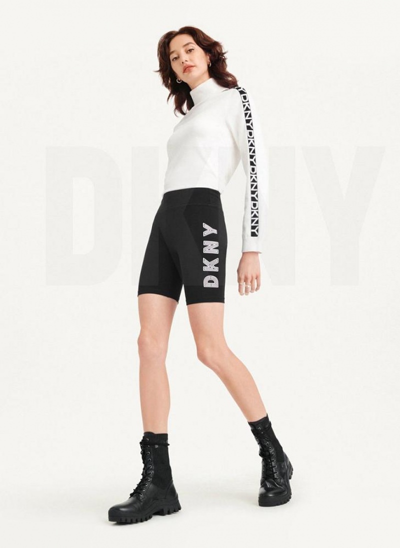 Black / White DKNY High Waist Track Logo Bike Women's Shorts | USA-D1410