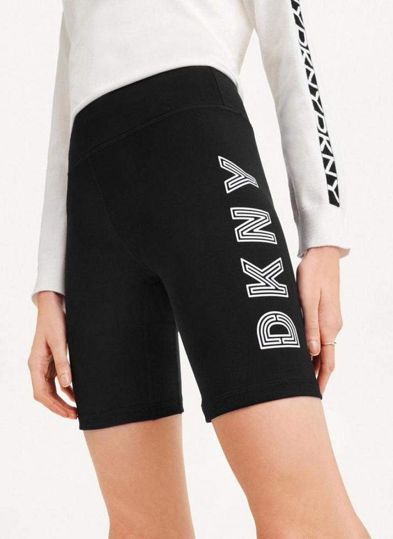 Black / White DKNY High Waist Track Logo Bike Women's Shorts | USA-D1410