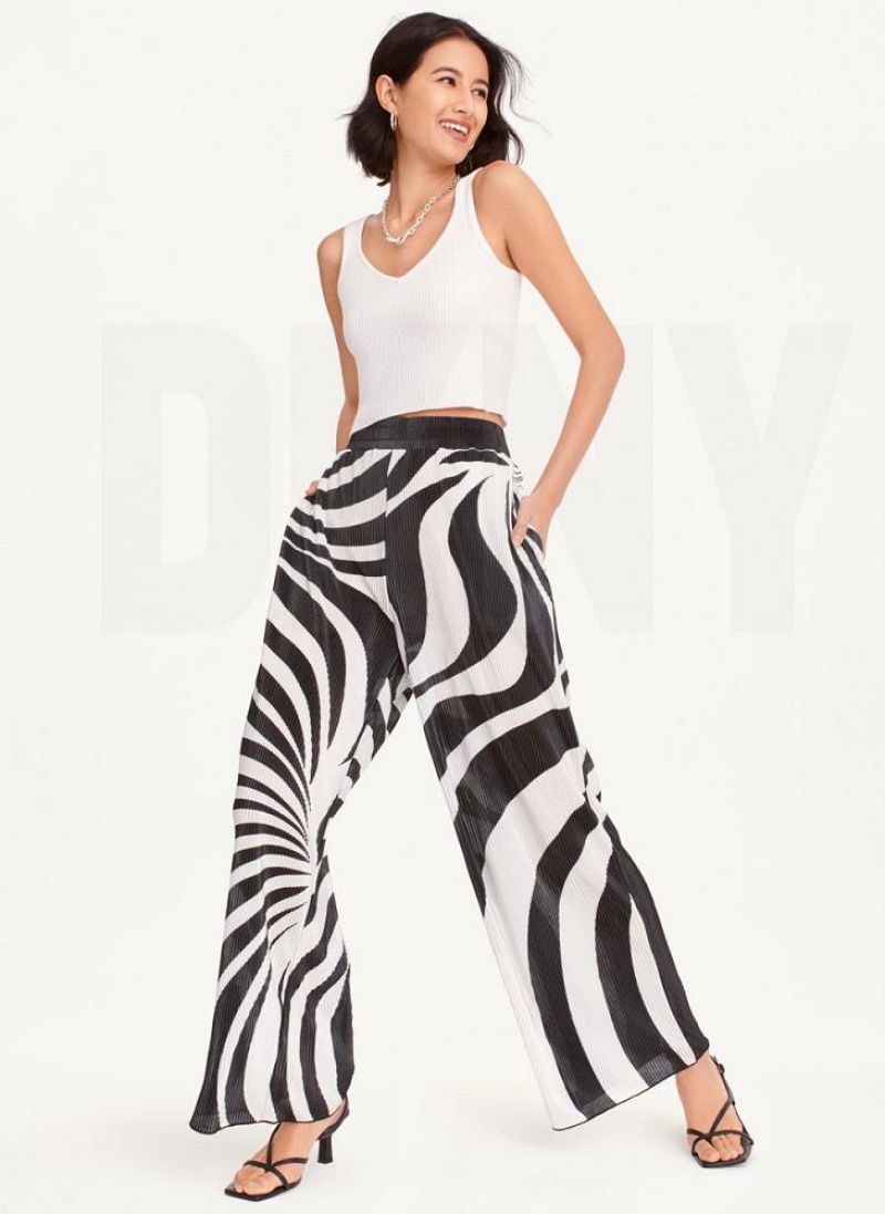 Black / White DKNY High Waisted Pleated Flare Women's Pants | USA-D0722