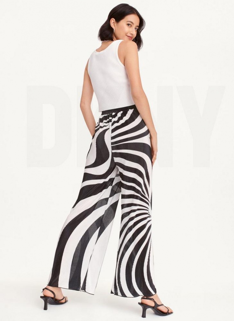 Black / White DKNY High Waisted Pleated Flare Women's Pants | USA-D0722