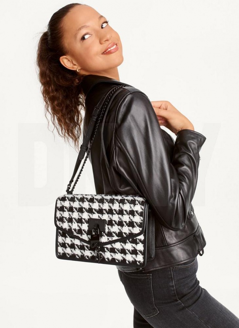 Black / White DKNY Large Elissa Herringbone Bags Crossbody Bags | USA-D1487