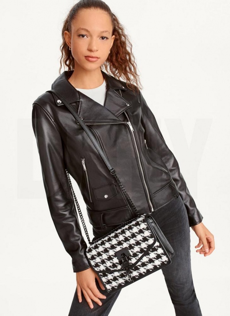 Black / White DKNY Large Elissa Herringbone Bags Crossbody Bags | USA-D1487