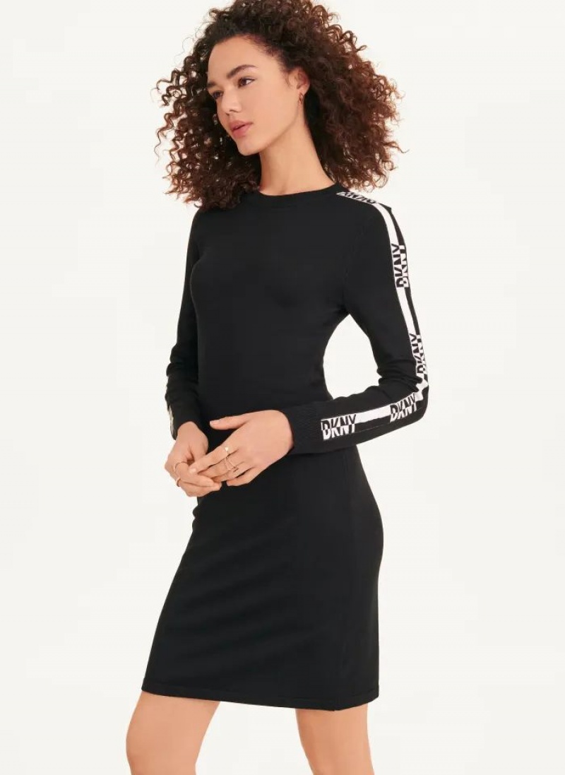 Black / White DKNY Long Sleeve Crewneck Sweater Women's Dresses | USA-D0109