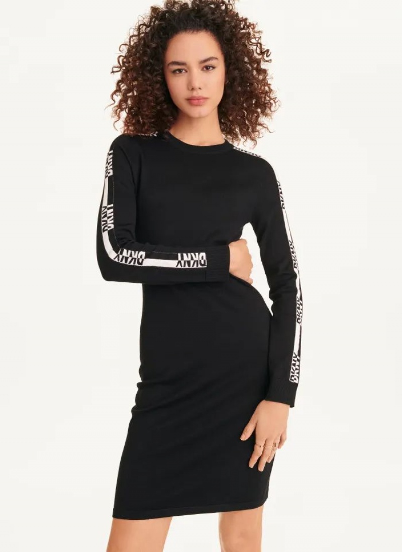 Black / White DKNY Long Sleeve Crewneck Sweater Women\'s Dresses | USA-D0109