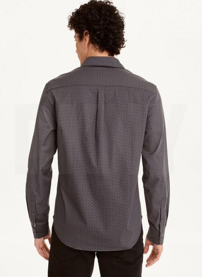 Black / White DKNY Long Sleeve Interlocking Logo Men's Shirts | USA-D0694
