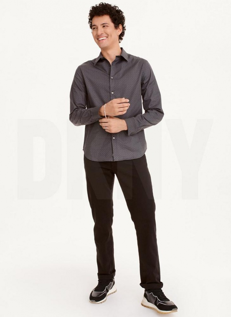 Black / White DKNY Long Sleeve Interlocking Logo Men's Shirts | USA-D0694