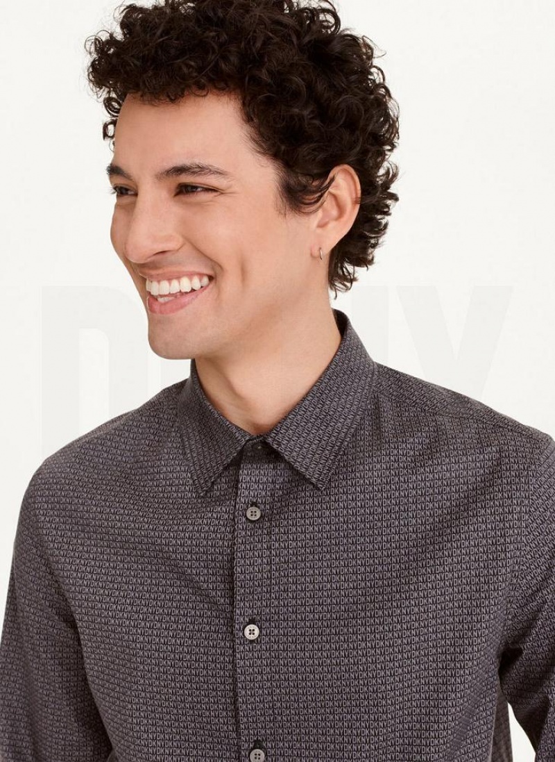 Black / White DKNY Long Sleeve Interlocking Logo Men's Shirts | USA-D0694