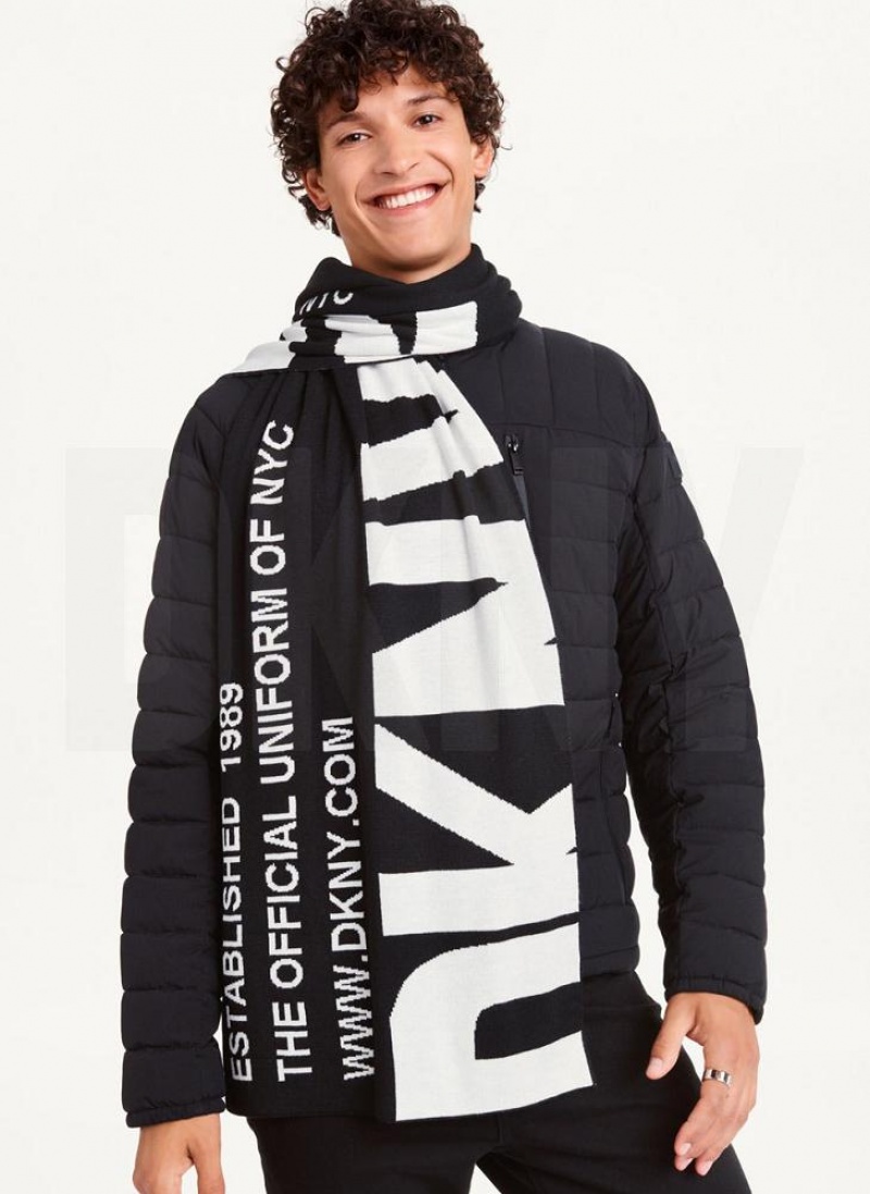 Black / White DKNY Mixed Text Men\'s Scarf | USA-D0186