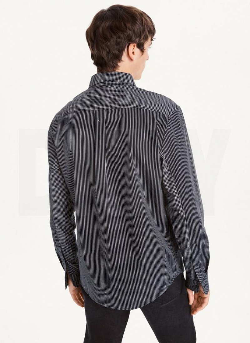 Black / White DKNY Plaid Striped Men's Shirts | USA-D1369