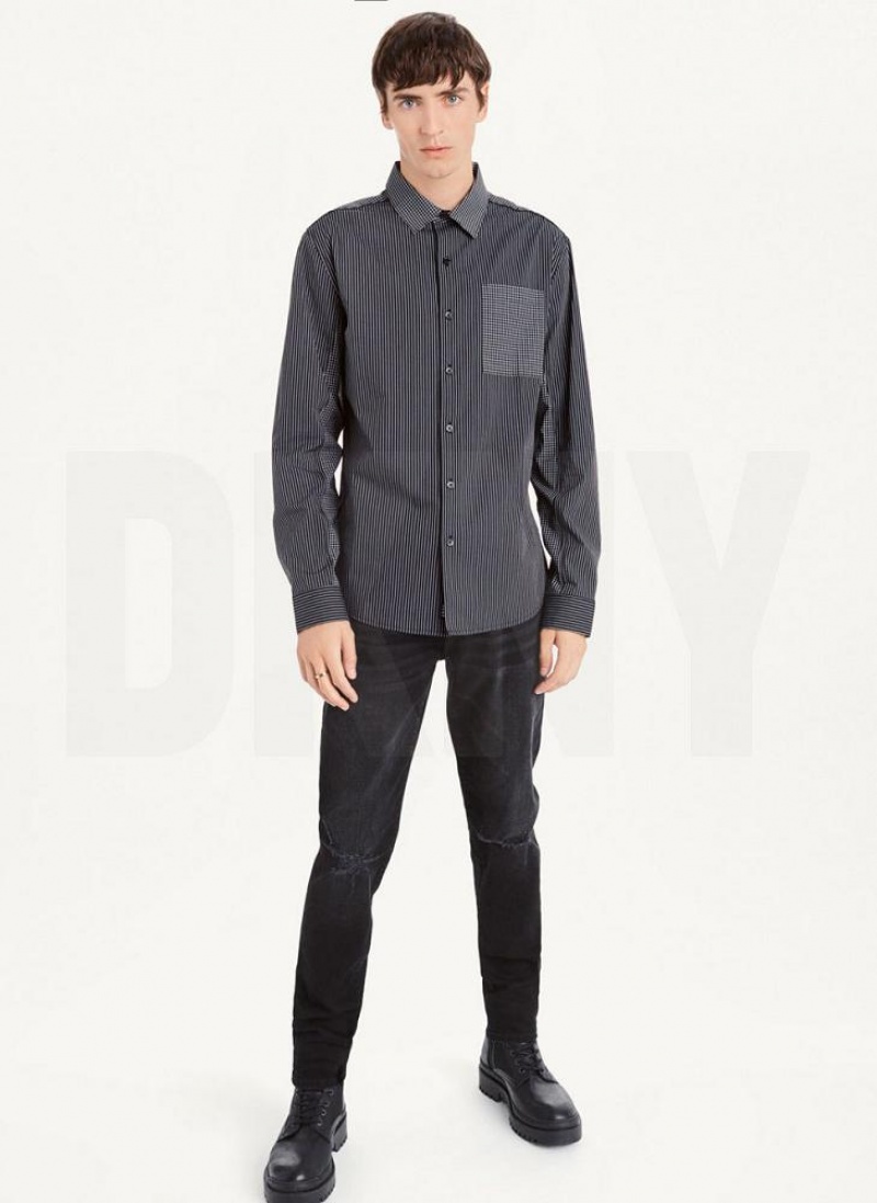 Black / White DKNY Plaid Striped Men's Shirts | USA-D1369