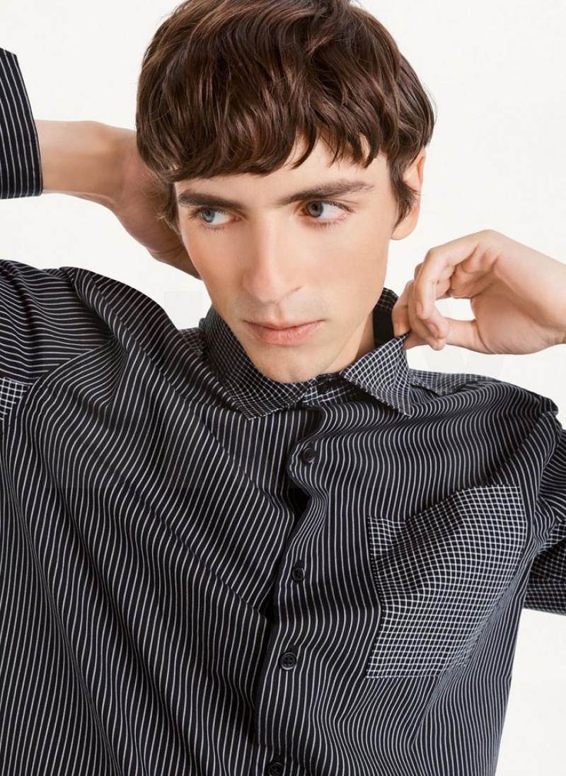 Black / White DKNY Plaid Striped Men's Shirts | USA-D1369