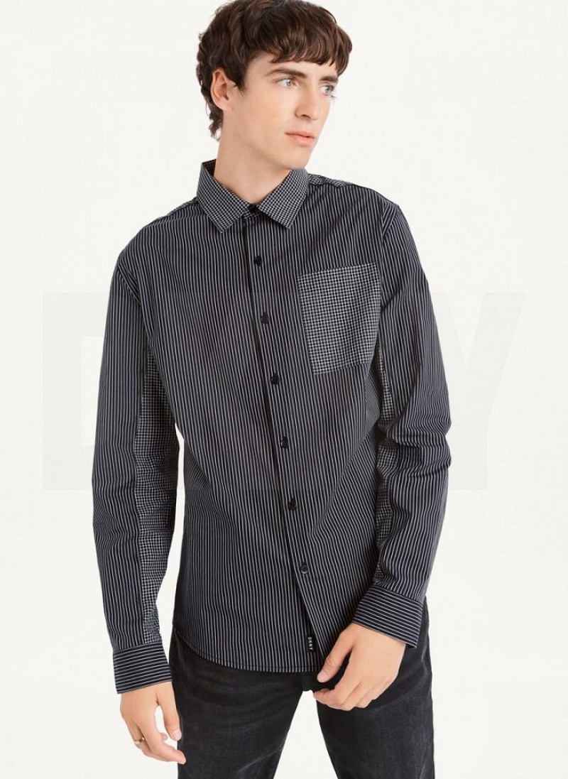 Black / White DKNY Plaid Striped Men\'s Shirts | USA-D1369