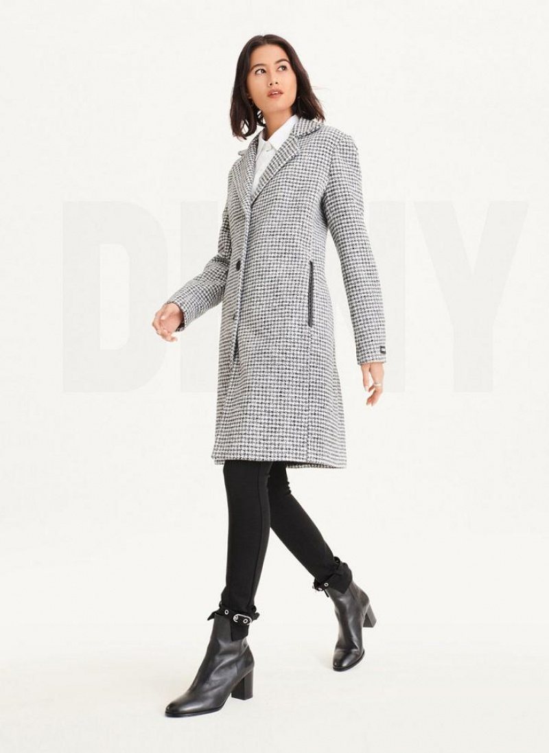 Black / White DKNY Plaid Wool Women's Coats | USA-D1338