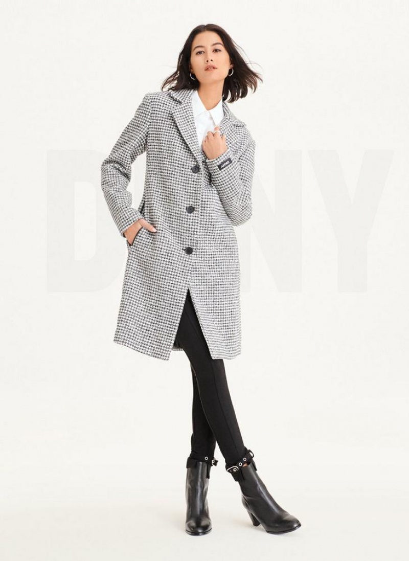 Black / White DKNY Plaid Wool Women's Coats | USA-D1338