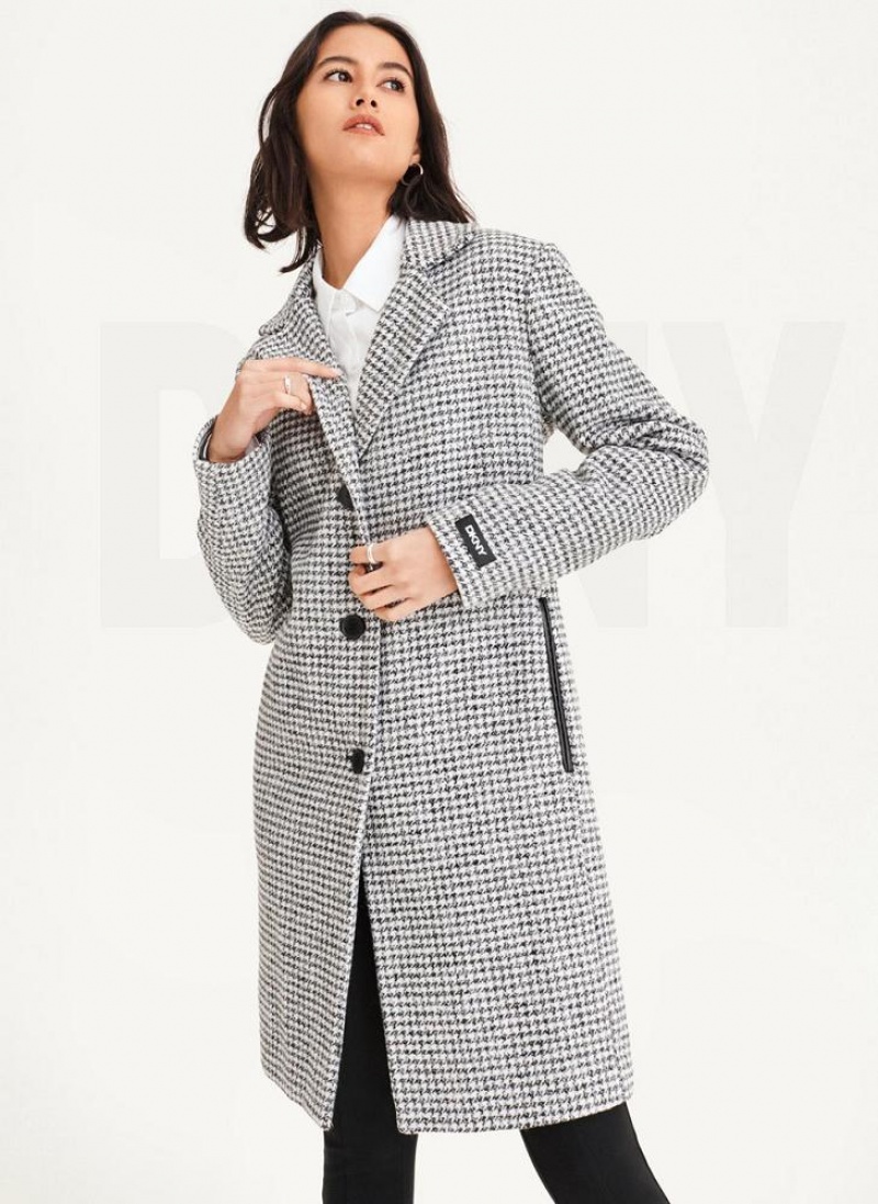 Black / White DKNY Plaid Wool Women's Coats | USA-D1338