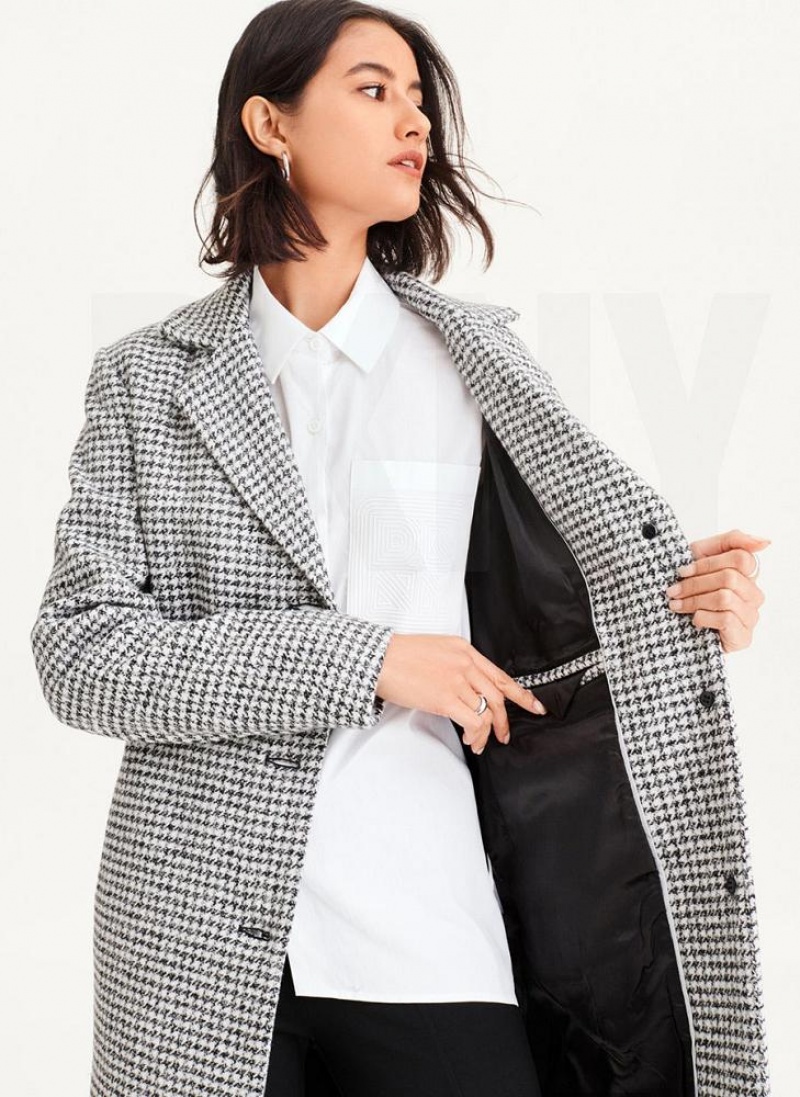 Black / White DKNY Plaid Wool Women's Coats | USA-D1338
