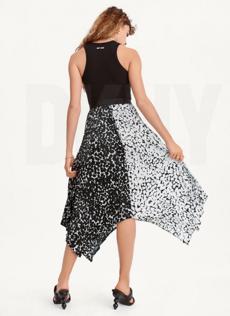 Black / White DKNY Printed Asymmetrical Women's Skirts | USA-D0352