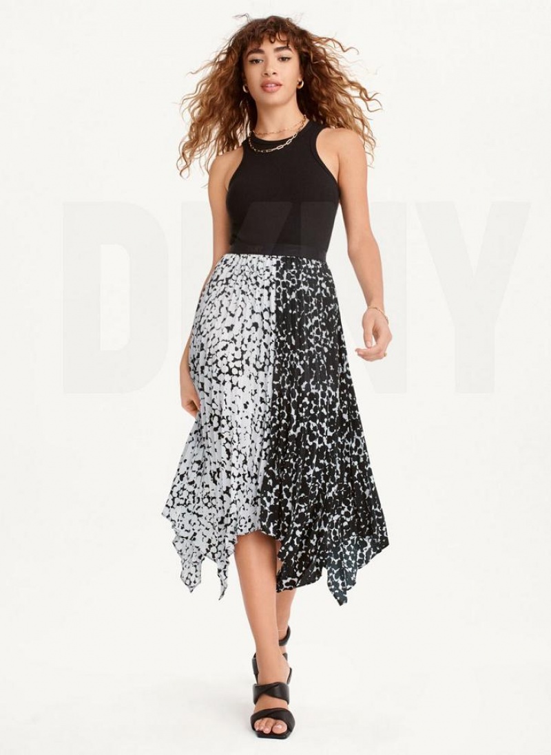 Black / White DKNY Printed Asymmetrical Women's Skirts | USA-D0352