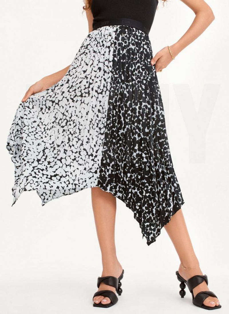 Black / White DKNY Printed Asymmetrical Women\'s Skirts | USA-D0352