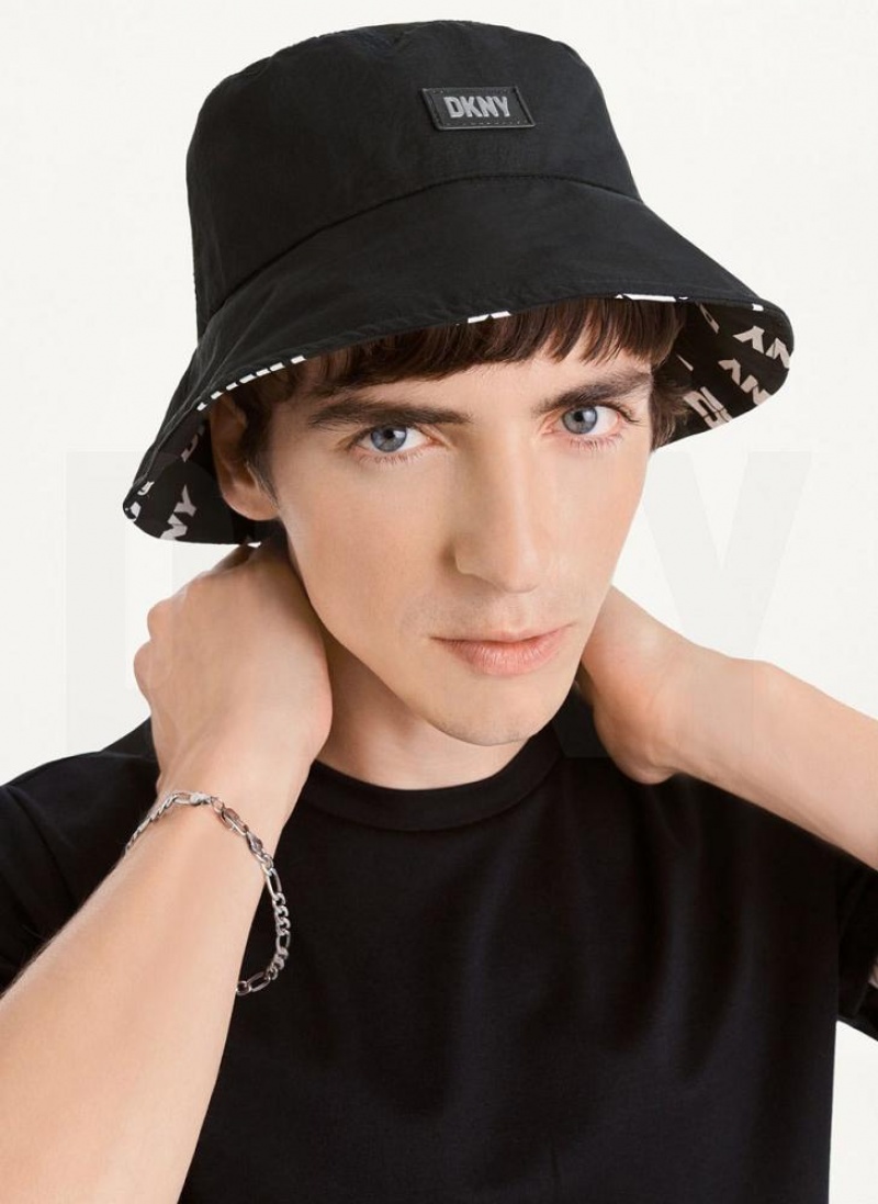 Black / White DKNY Reversible Logo To Solid Men's Hats | USA-D0597