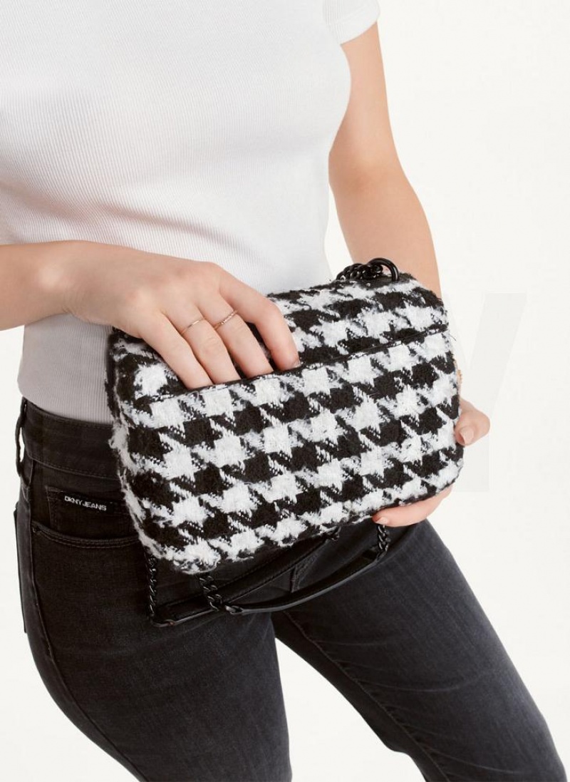 Black / White DKNY Sina Houndstooth Flap Bags Shoulder Bags | USA-D1570